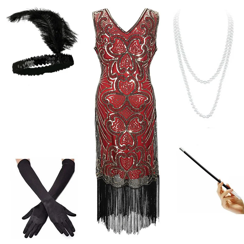 red gold set -b Женские 1920s Гэтсби Хлопушки бахрома платье V шеи бисером блесток платье(розовый/черный/красный/Абрикосовый) S-XXL - Цвет: red gold set -b