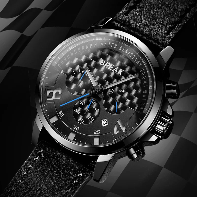 Мужские кварцевые часы BREAK New с кожаным ремешком водонепроницаемые