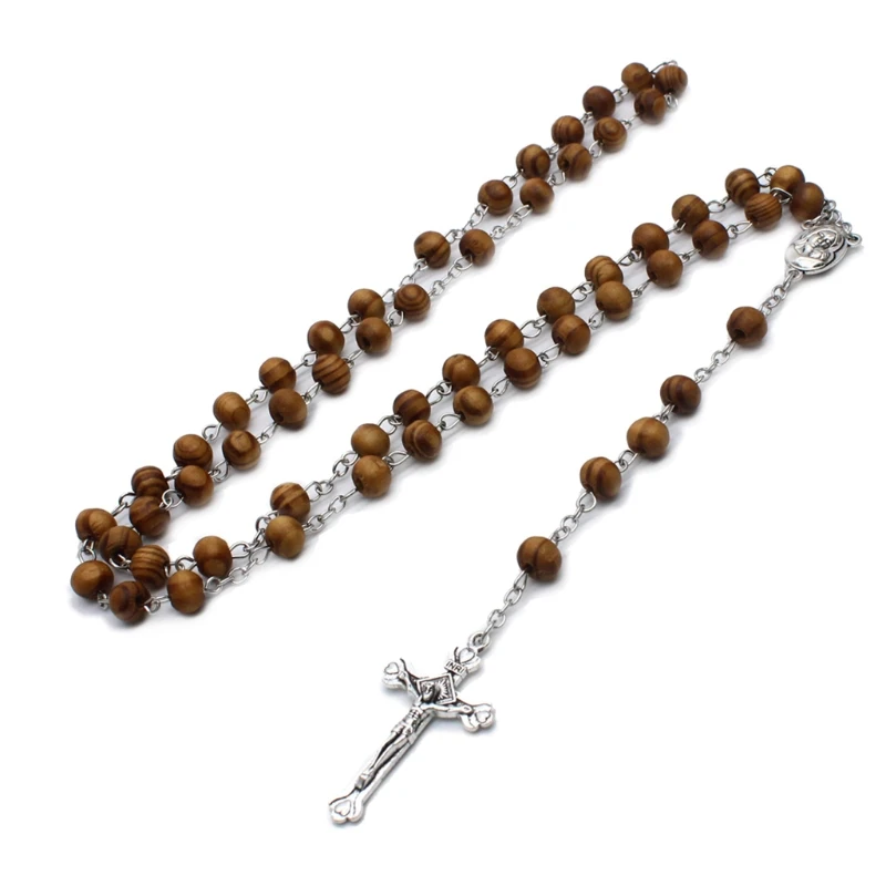 

Retro Wooden Rosary Beads Necklace for Women Cross Jesus Pendant Religious Gifts