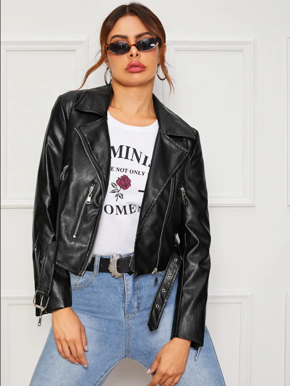 

Linglewei New Spring and summer Women's Overcoat Zipper locomotive jacket leather coat