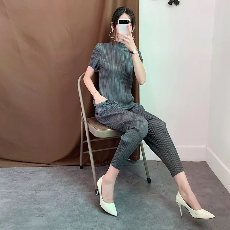 Miyake морщин карандаш брюки Твердые Короткие Свободные плиссированные эластичный