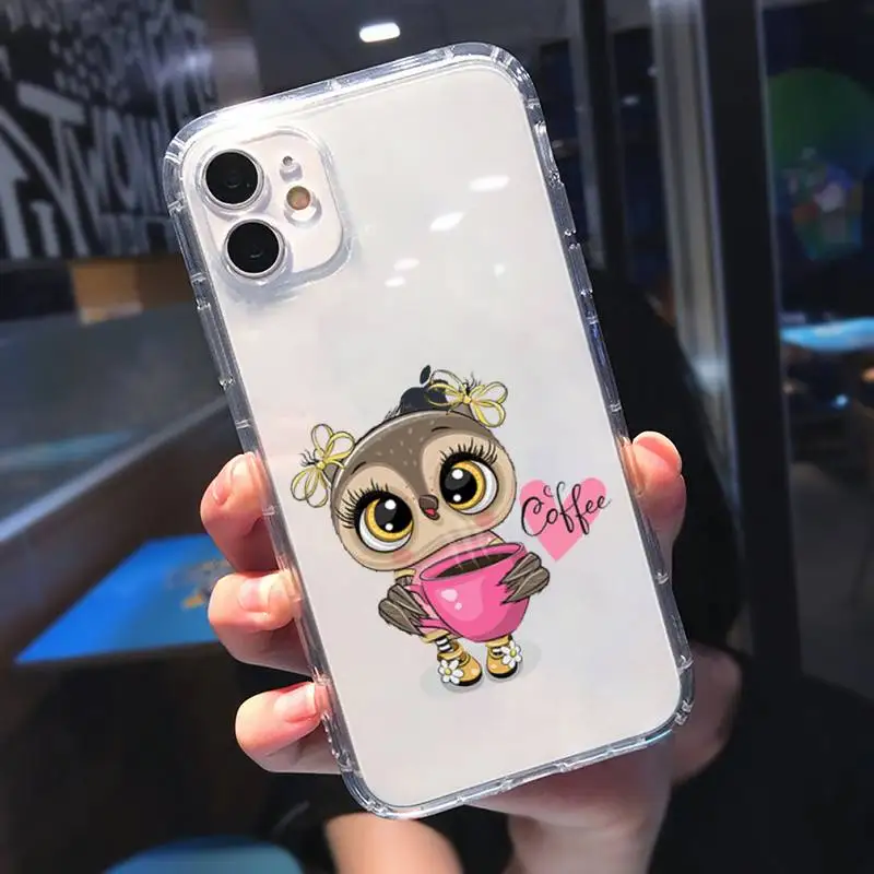 

Cute Owl Black Phone Case Transparent for Clear iPhone 11 12 8 7 6 6S XS MAX Plus X 5S SE 2020 XR mini pro