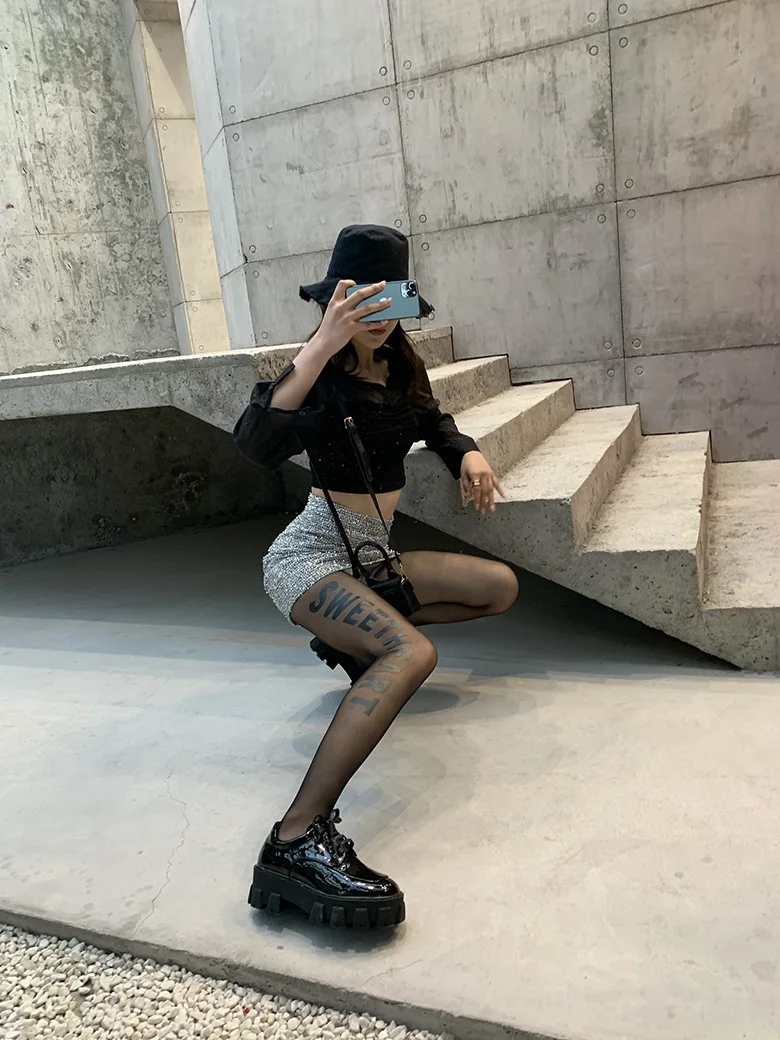 KASURE черные колготки тату буквы женские нейлоновые прозрачные сексуальные чулки