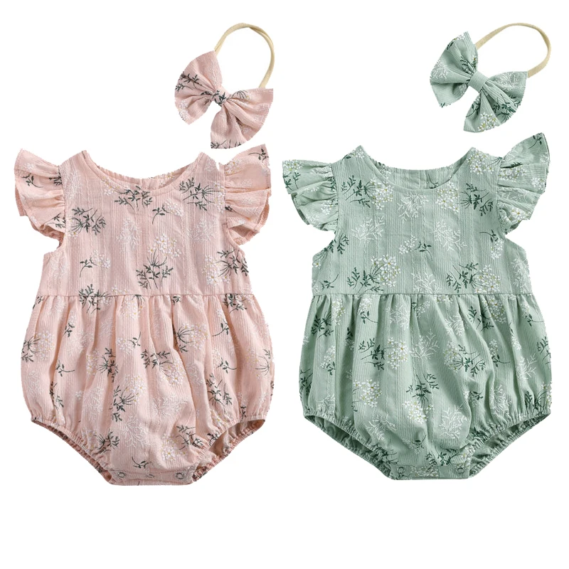 

Baby Floral Printed Romper with Headband Cotton Round Collar Fly Sleeve Jumpsuit+Hair Band for Girls Newborn Baby Girl Jumpsuit