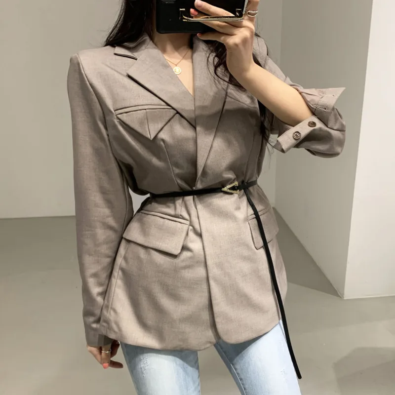 

2020 New Autumn Blazers Women Coat Korean Work Wear Formal Blazers Slim Elegant OL Suit Collar Jacket Female Outerwear With Belt