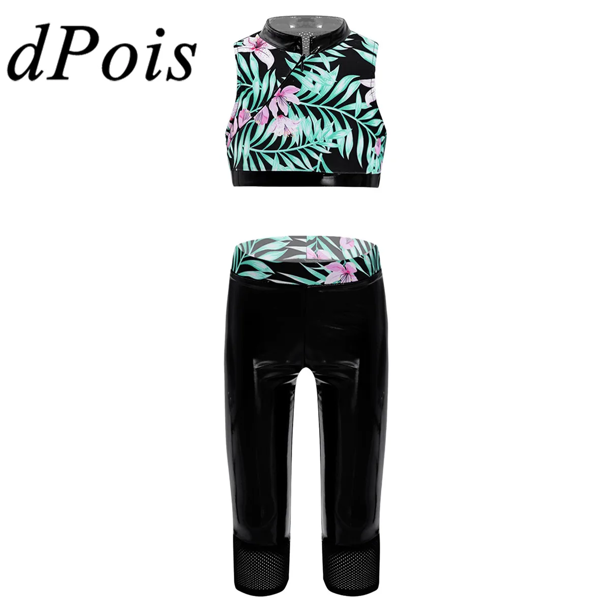 

Fashion Kids Girls Tracksuit Ballet Gymnasitc Outfit Sleeveless Printed Crop Vest & Leather Pants Children Sport Wear Yoga Set