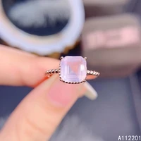 fine jewelry 925 sterling silver inset with natural gem womens luxury elegant square rose quartz adjustable ring support detect