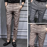 mens plaid pants spring korean fashion casual straight pants slim pencil pants capri suit pants harem male streetwear trousers