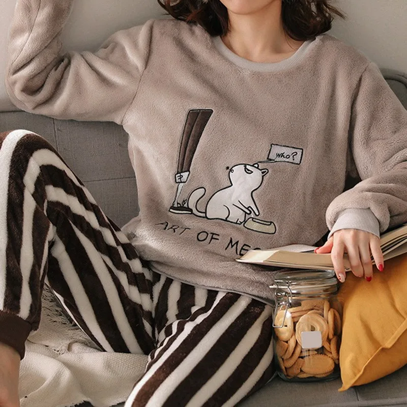 

WENYUJH Women Pajama Set Autumn Winter Pajamas Flannel Cartoon Thick Warm Women Sleepwear Cute Animal Female Homewear Service
