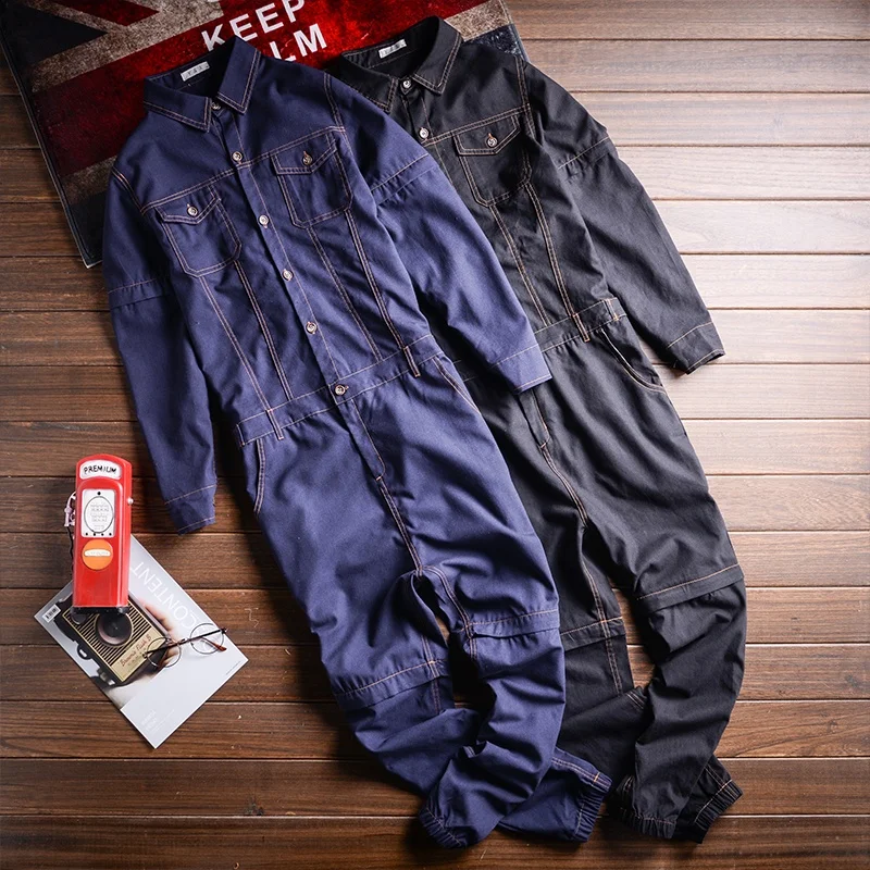 ZYYong Detachable Sleeve Short Men's Denim Jumpsuits Two Way Overalls Black Purple Fashion Jeans Trousers Hip-Hop Cargo Pants