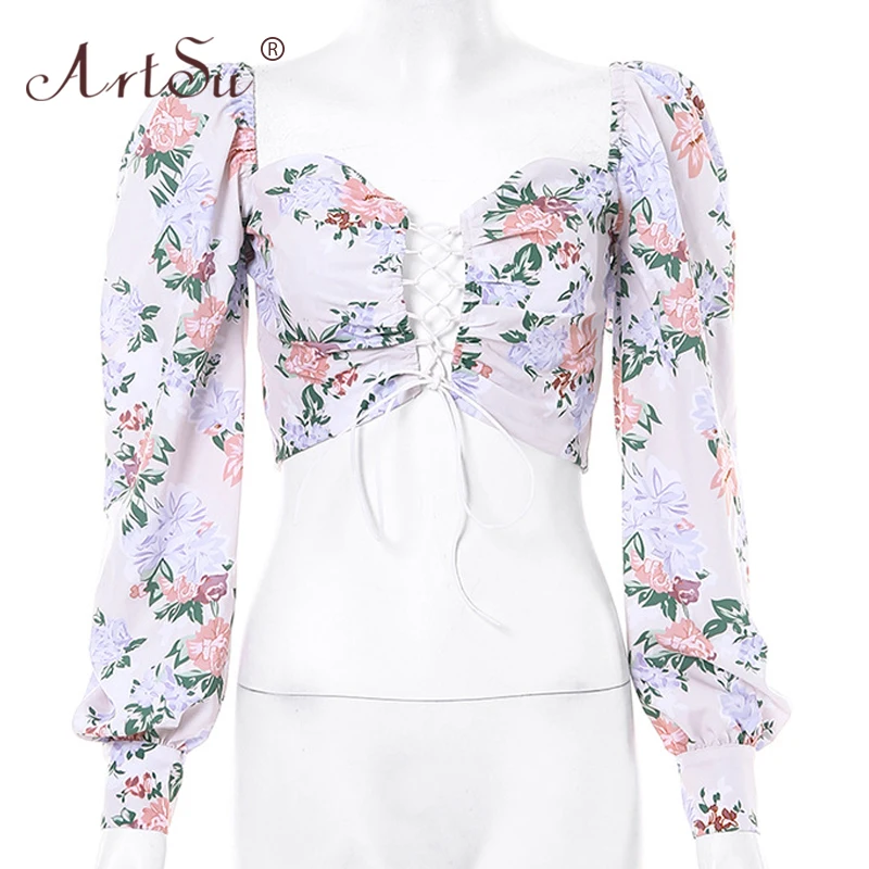 ArtSu сексуальный женский короткий топ с цветочным принтом Ретро стиль пышными