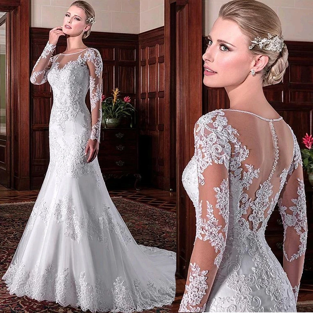 

WUZHIYI Scoop Neck Mermaid Wedding Dresses Long Sleeves Illusion Tulle Lace Appliques Beaded Bridal Gowns Robe De Marriage 2021