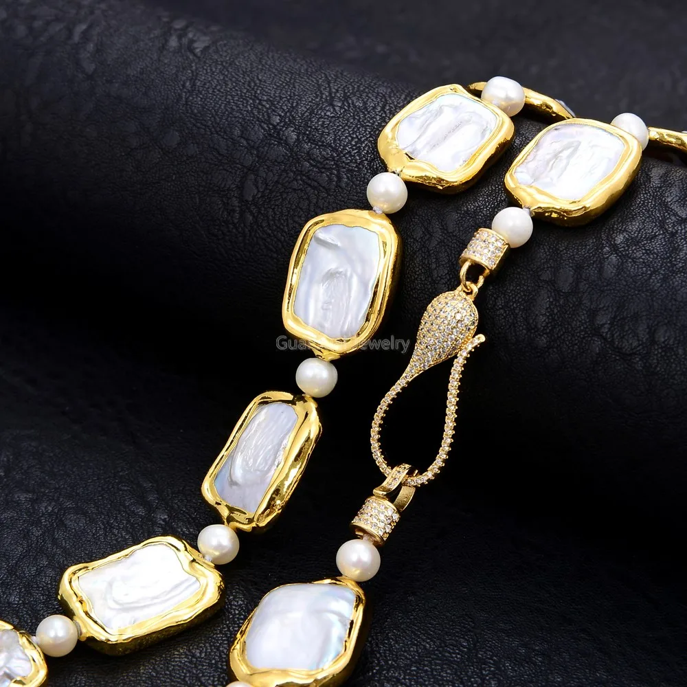 

GuaiGuai Jewelry 18.5" White Square Keshi Pearl Gold plated Necklace