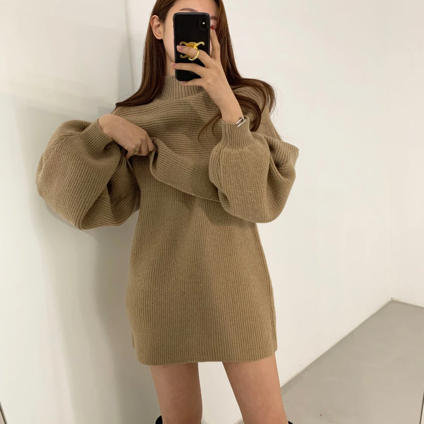 

2021 Women Autumn Winter Knitted Two Piece Set Turtleneck Short Sweater Dress Lantern Sleeve Pullover Jumpers Jacket