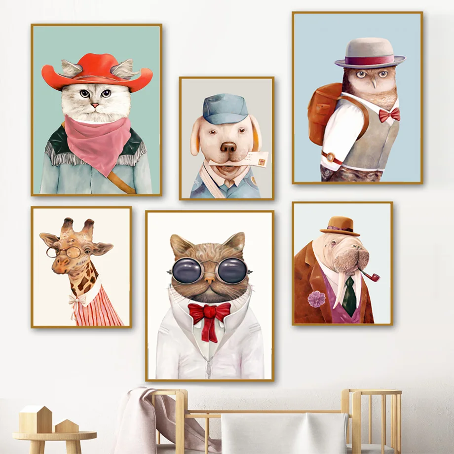 

Cartoon Sunglasses Cat Dog Owl Giraffe Rhino Wall Art Canvas Painting Nordic Posters And Prints Wall Pictures Kids Room Decor