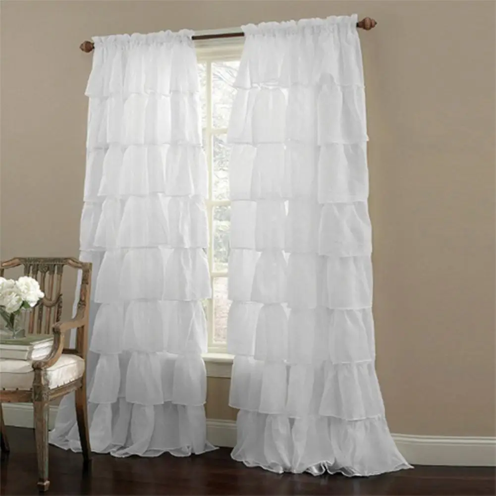 

Multi-layer Ruffled Lace Tulle Curtain for Girl's Bedroom Semi-shade White Sheer Curtains for Living Room New Year Decorations
