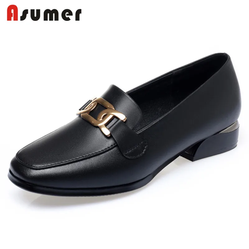 

Asumer 2022 Top Quality Genuine Leather Shoes Women Loafers Metal Decoration Square Toe Comfortable Flat Single Shoes Ladies
