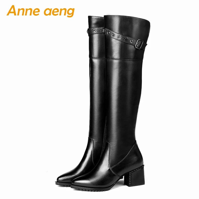 

2019 New Winter Genuine Leather Women Knee-High Boots High Heel Pointed Toe Zip Sexy Ladies Women Shoes Black Motorcycle Boots