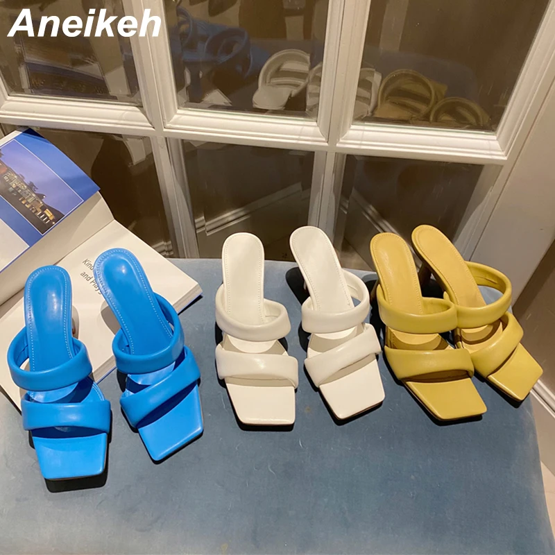 

Aneikeh 2022 NEW Fashion PU Women‘s Shoes Summer Thin Heels Peep Toe Slippers Shallow ElegaConcise Solid Outside British Style