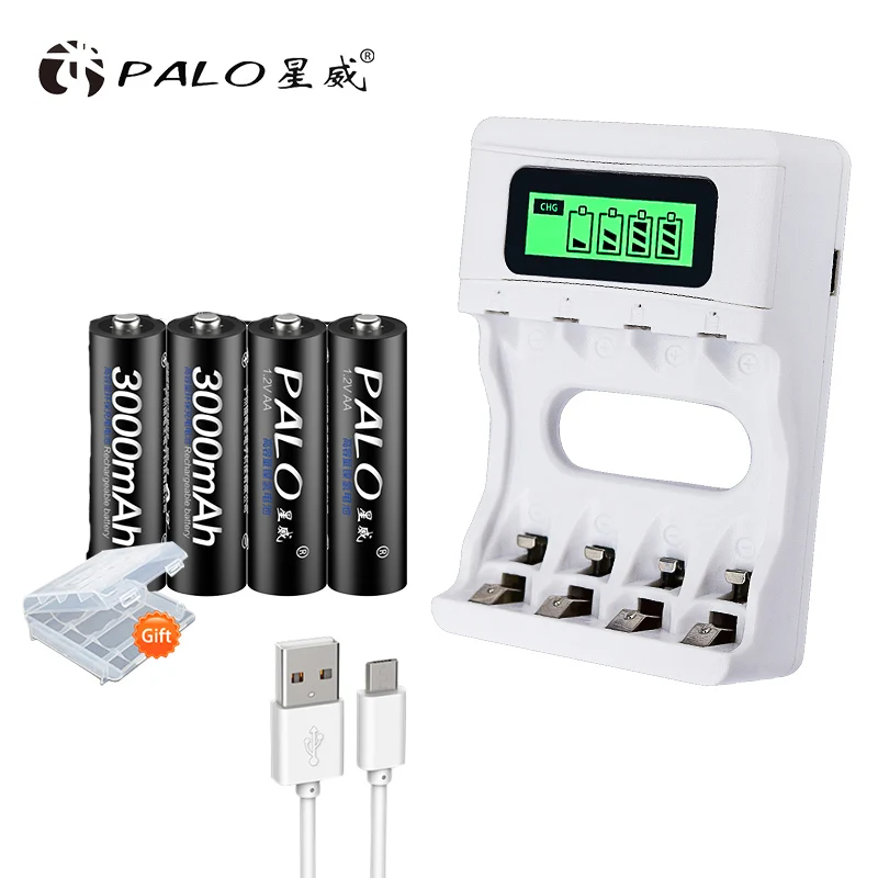 4pcs and charger PALO 4 шт./лот AA Аккумуляторная батарея AA Ni-MH 3000mAh 1,2 V Ni-MH 2A батареи recargables батарея для камеры игрушки - Цвет: 4pcs and charger