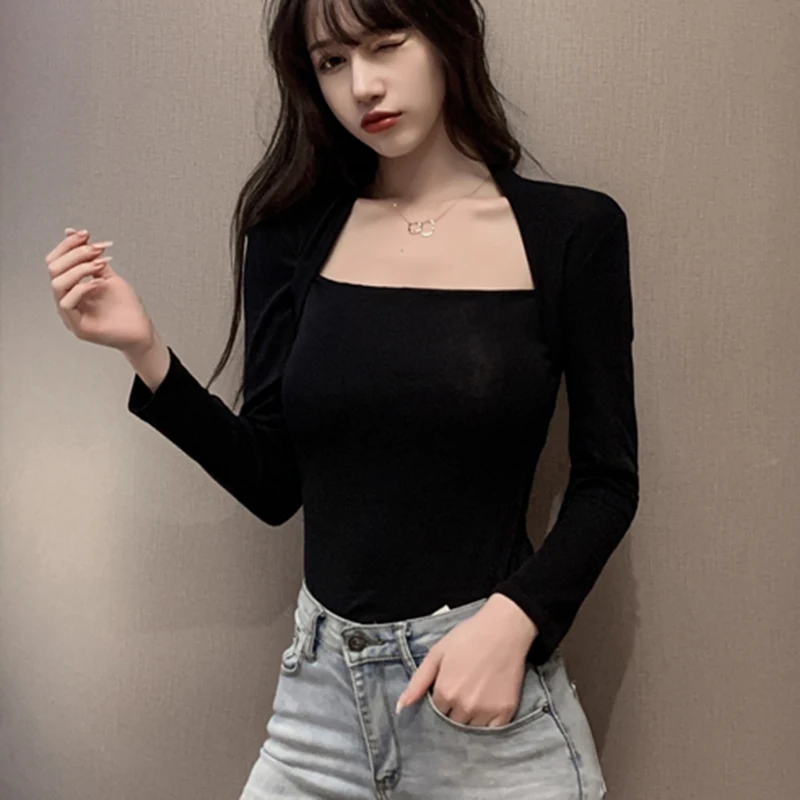 

Spring Sexy Ladies Tops Mujer Square Collar Long Sleeve Shirt Blouses Women Casual Short Cotton Blouse Femme Blusas New 12338