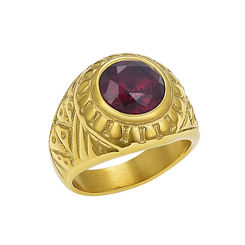 

Stainless Steel Men Ring Gold Color Round Red/Green Crystal Rings Fashion Party Rings Jewelry
