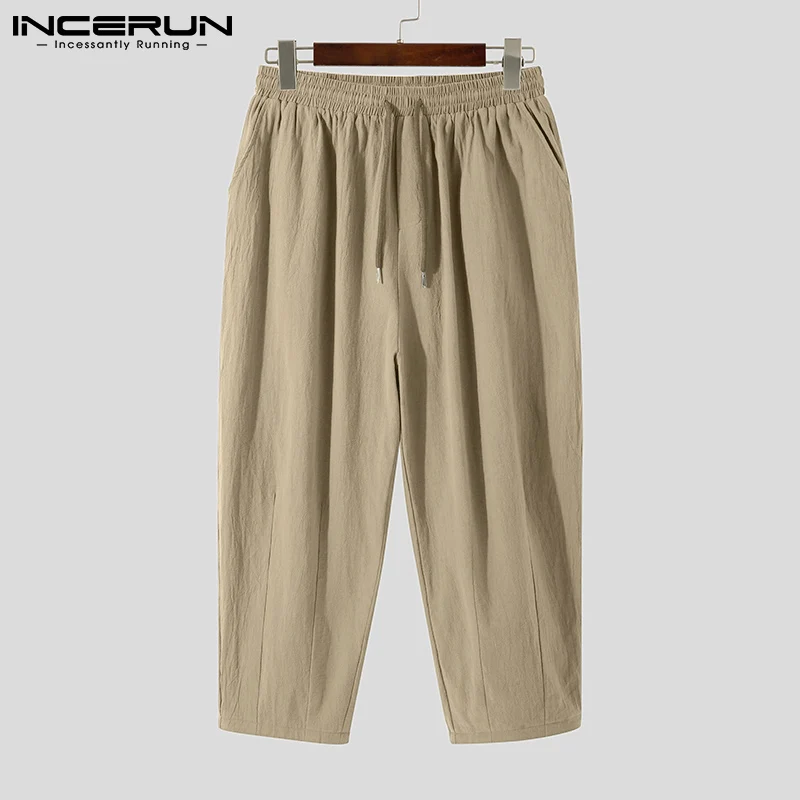 

2021 Men Pants Cotton Joggers Drawstring Retro Solid Color Casual Wide Leg Trousers Men Streetwear Baggy Pantalon INCERUN S-5XL