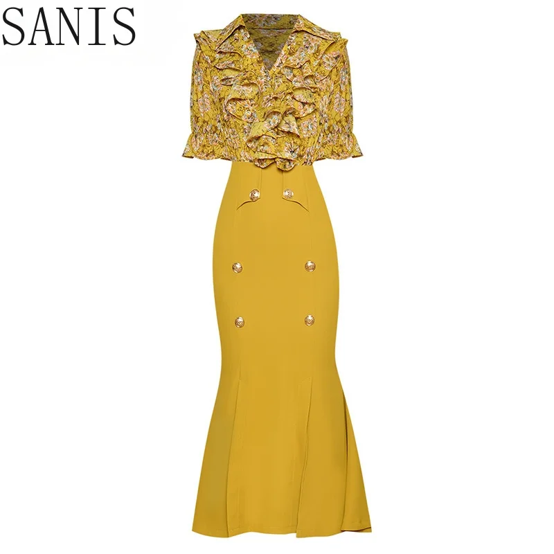 

Sanis Summer Fashion Designer Midi Dress Women's V-neck Ruffled Short-sleeved Floral Print Ladies Slim Mermaid Party Dress
