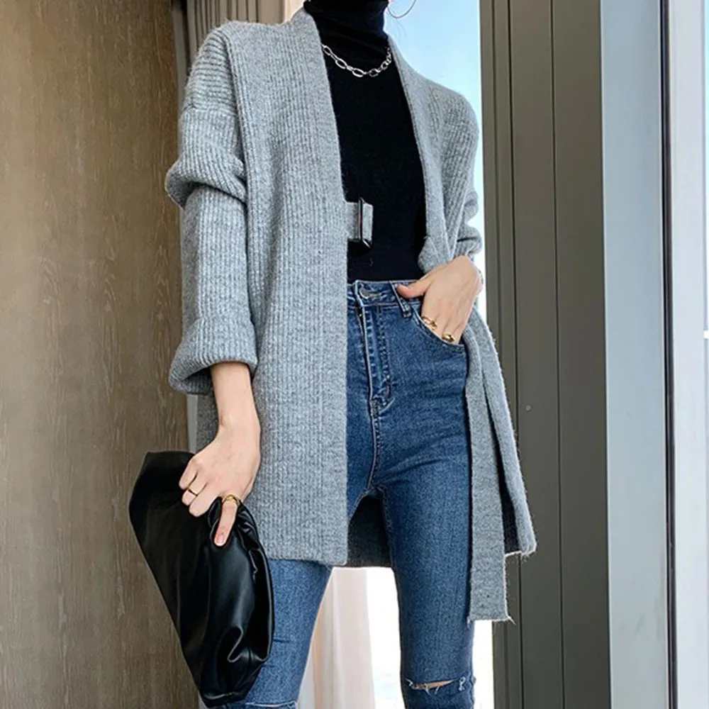 

Повседневный длинный вязаный кардиган, плотные женские топы, Женский винтажный свободный свитер, пальто, однотонный джемпер, верхняя одежд...