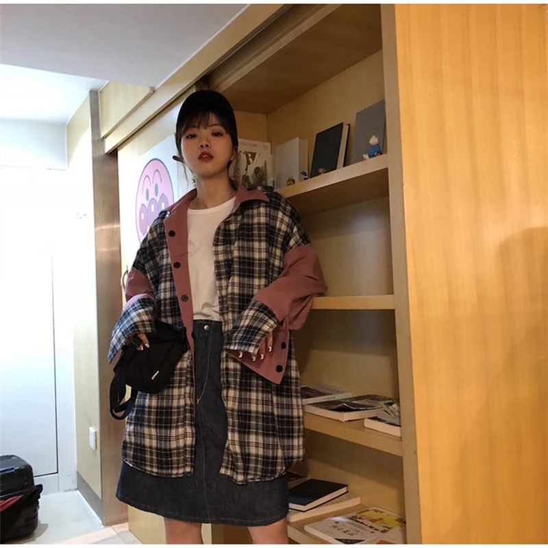 Harajuku стиль куртка оверсайз Женщины обе стороны могут носить хип хоп Уличная плед пальто пэчворк и куртки женщины