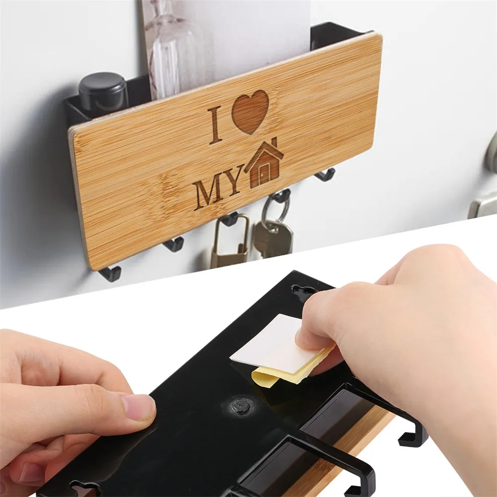 Bamboo Key Holder Rack with 5 Hooks Creative I Love My House Engraved Pattern Wall-Mounted Sundries Storage Hanging Organizer | Дом и сад