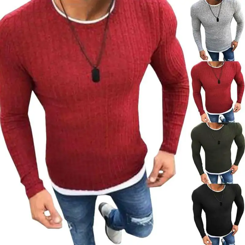 

Men Pullover Sweater Blouse Plain Long Sleeve Slim Fit Jumper Muscle Shirt Tops.