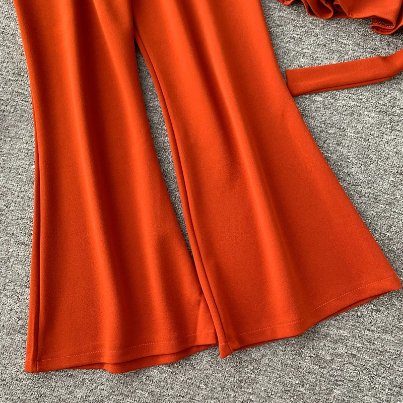 ALPHALMODA модный костюм с длинными рукавами пуловер пояс-кушак наряд+ расклешенные ноги дамы 2 шт брюки костюмы сплошной осенний комплект одежды