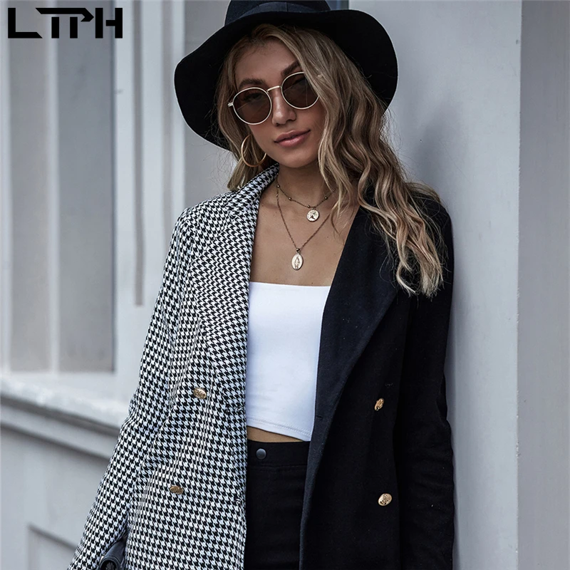 

LTPH 2020 Autumn winter trend new arrival blazer women Plaid color matching fashion Casual Double Breasted Full sleeve slim coat