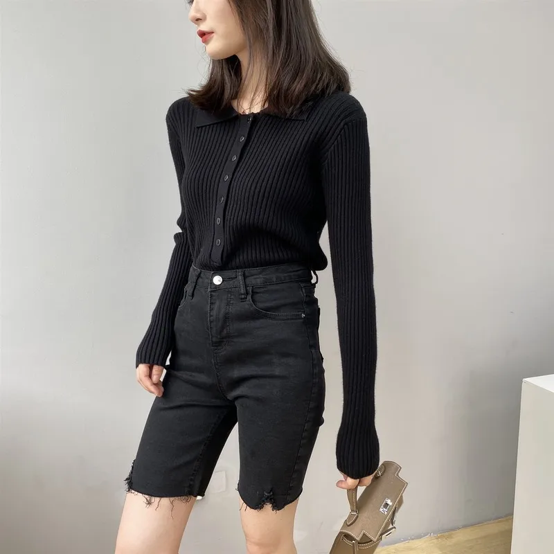 

Sweater Women Oversized Button Rib Knit Elegant Korean Trun Down Collar Long Sleeve Knitted Sweater Female 2020 Autumn Basic Top