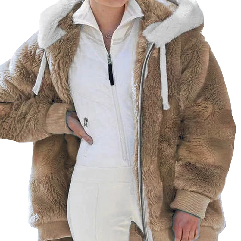 2021 Winter Women Plush Coat Fashion Hooded Zipper Jackets Casual Oversized Solid Blue Faux Fur Warm Ladies Parka Jacket