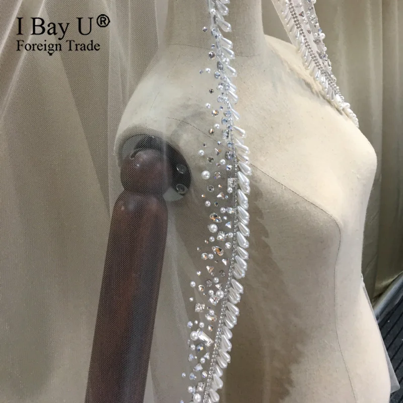 Роскошная длинная стразы свадебная фата с искусственным жемчугом блестящая Фата