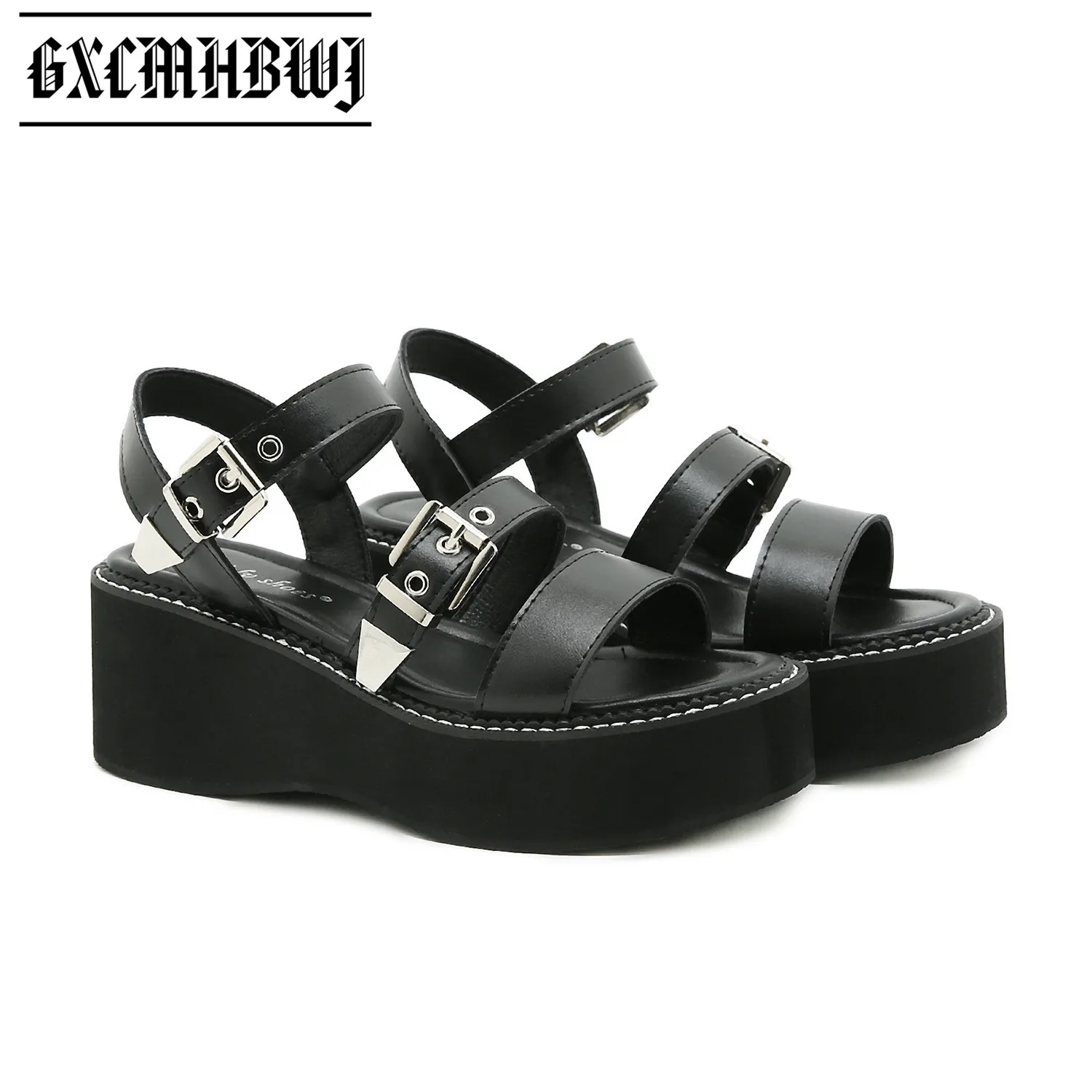 

GXCMHBWJ Chunky Sandals Women PU Leather Platform Buckle Strap Ladies Casual Shoes Rome Gladiator Peep Toe High Quality Handmade
