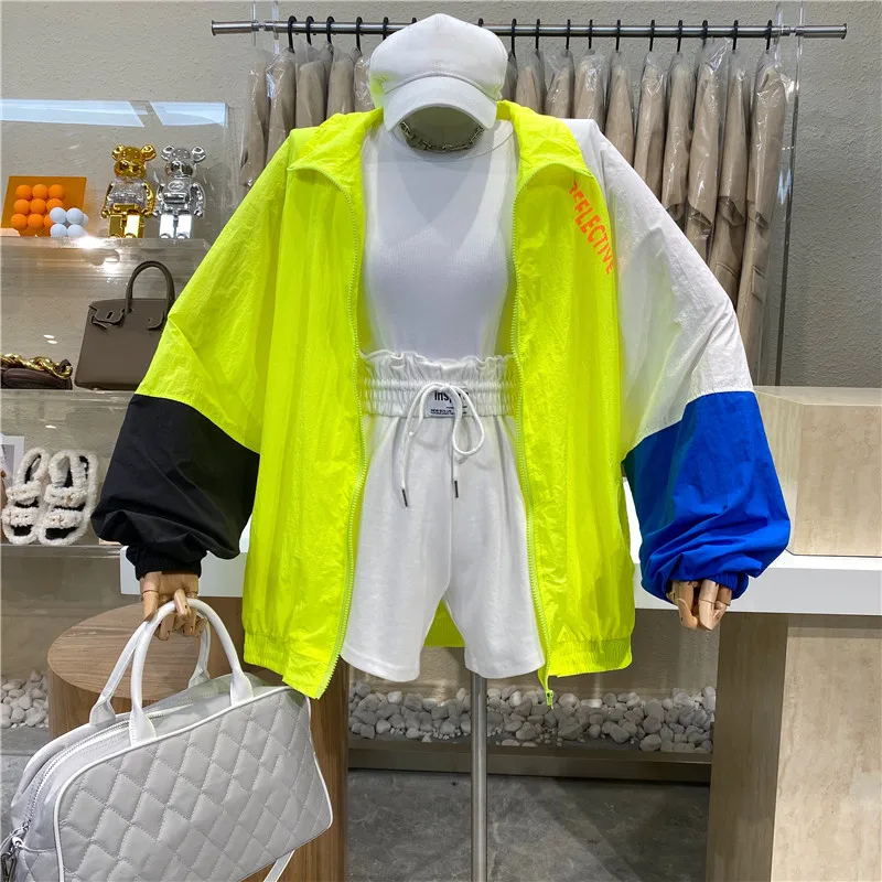 

Niche Design 2021 Letter Printing Fashion Contrast Joker Sunscreen Cardigan Loose Casual Thin Bat Sleeve Zipper Jacket