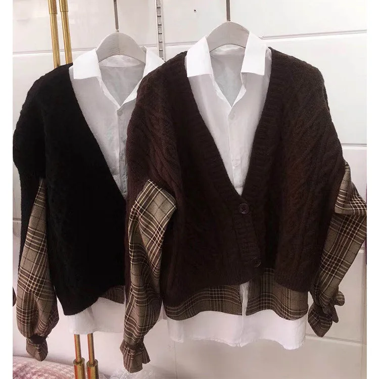Getspring Women Sweater Spliced Asymmetry Fake Two Knitting Cardigan Irregular Color Matching Casual Cardigans Sweaters 2021 |
