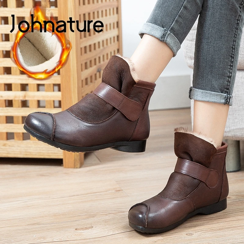 

Johnature 2021 New Winter Shoes Women Boots Genuine Leather Hook & Loop Round Toe Flat With Sewing Handmade Retro Platform Boots