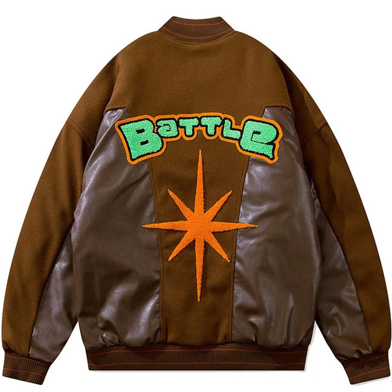 

Winter Padded Basrball Jacket Men Hip Hop Vintage PU Leather Splicing Cotton Parkas Male Letter Thicken Warm Varsity Jackets New