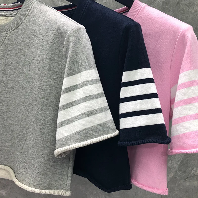 

2021 Fashion TB Thom Brand Short T-Shirt Women Loose Sport Clothing Hip Hop Half Sleeve Summer O-neck Striped Cotton Shirts