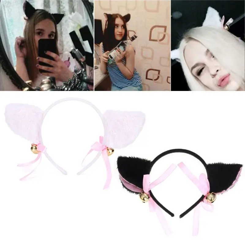 

Womens Cute Fluffy Fox Cat Ears Headband With Jingle Bell Bowknot Decor Hair Hoop Party Supplies Cosplay Costume Photo