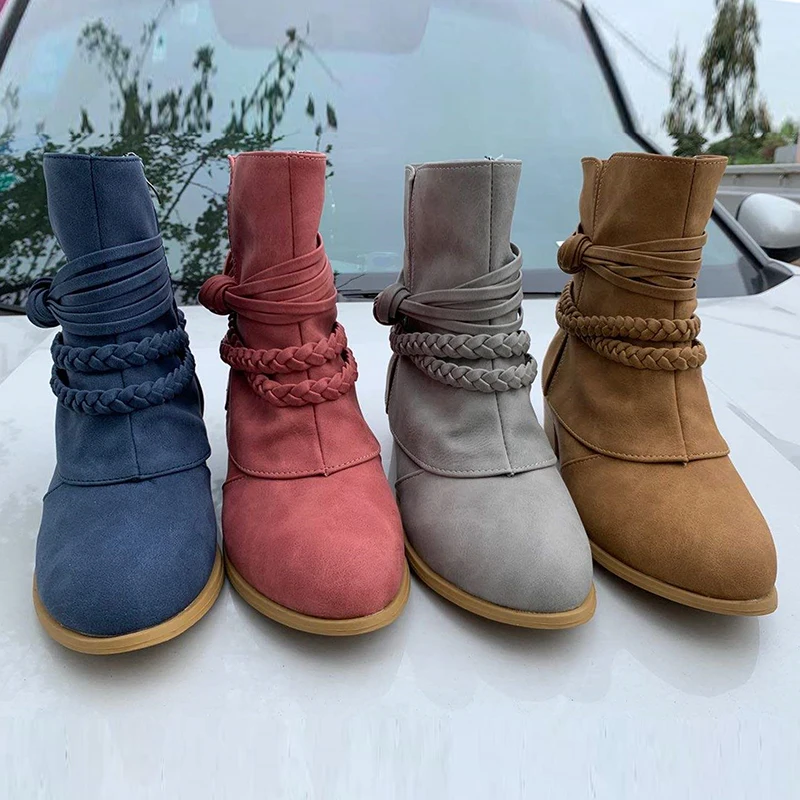 

Women Autumn Winter Flock Ankle Boots Zipper Round Toe 3.5cm Square Heel Solid Casual Blue Khaki Booties Size 35-43