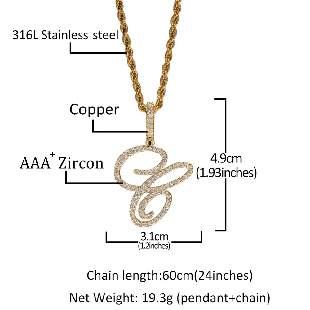

New Style customize Single Artistic Font A-Z 26 Initial Letter Pendant Necklace Cubic Zirconia Mens Women Jewelry Gold chain