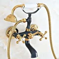 Black Gold Dual Cross Handles Bathtub Shower Faucet Wall Mount Bathroom Tub Faucet with Handheld Sprayer zna465