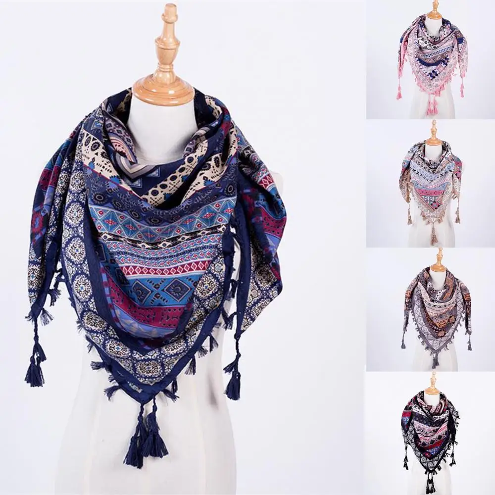 

Boho Scarf Women Winter Cotton Blends Neck Wrap Long Warm Scarf Ethnic Print Triangle Tassel Multi-purpose Shawl Scarf