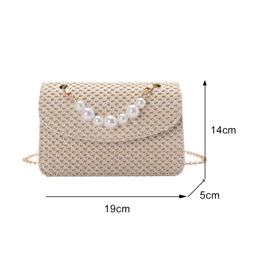 

Fashion Women Straw Woven Shoulder Crossbody Bags Casual Ladies Messenger Bag Summer Beach Vacation Pearl Chain Small Handbags