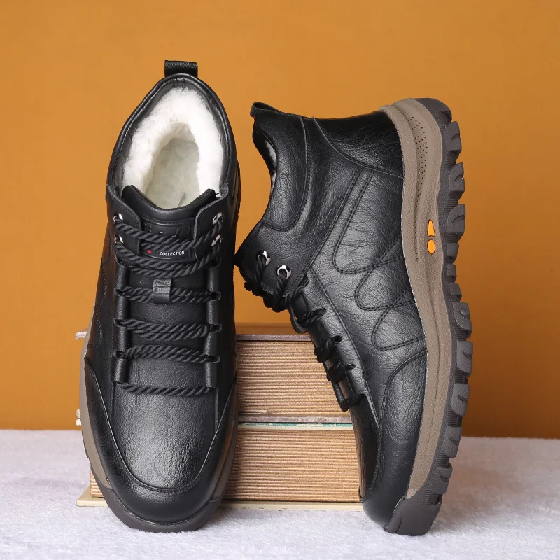 

Men Adult Warm Snow Boots Soft Bottom Wool Winter Short Boots Outside Casual Leather Handmade Sneakers Daddy Shoesk36